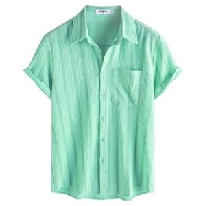 Mens Summer Striped Button Down Short Sleeve Hawaiian Shirt Light Green